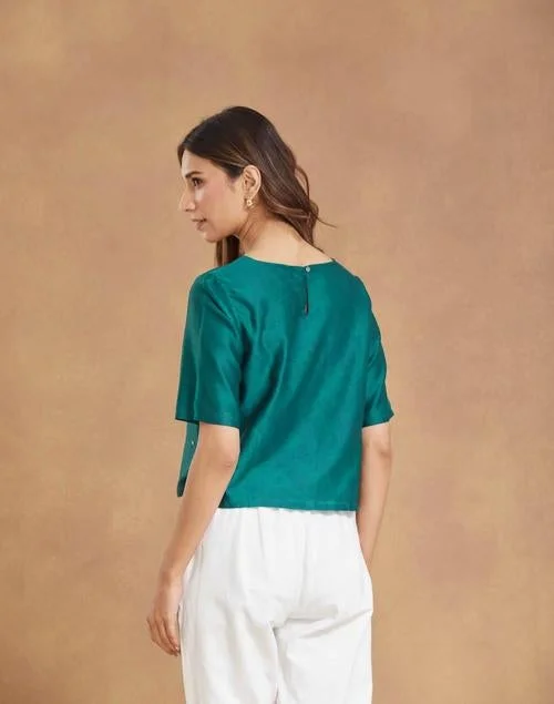 Fabindia  Green Cotton Silk Embroidered Short Top for Women | Best Price UAE