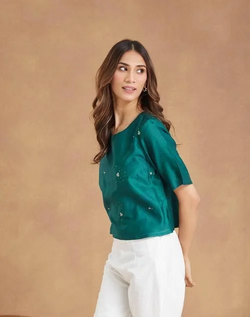 Fabindia  Green Cotton Silk Embroidered Short Top for Women | Best Price UAE