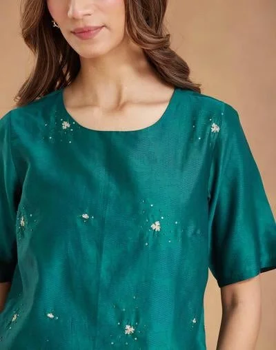 Fabindia  Green Cotton Silk Embroidered Short Top for Women | Best Price UAE