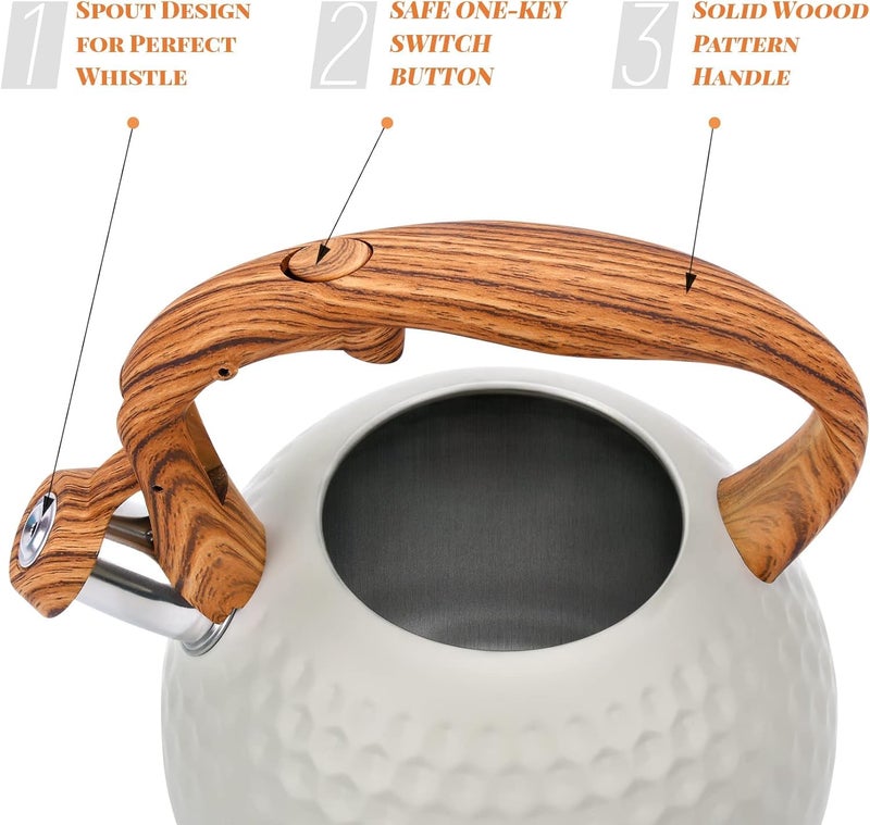 Jumix Tea Kettle 3 Liter Teapot Whistling Kettle with Wood Pattern Handle Loud Whistle Food Grade Stainless Steel Tea Pot for Stovetops Induction Diamond Design Water Kettle Milk White - Image 3