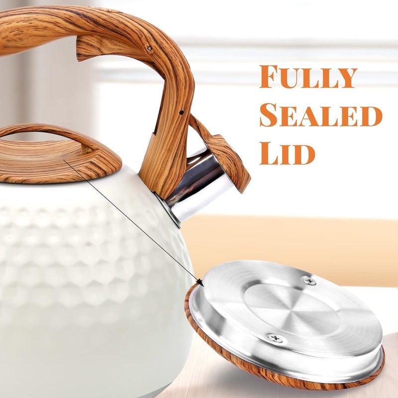 Jumix Tea Kettle 3 Liter Teapot Whistling Kettle with Wood Pattern Handle Loud Whistle Food Grade Stainless Steel Tea Pot for Stovetops Induction Diamond Design Water Kettle Milk White - Image 4