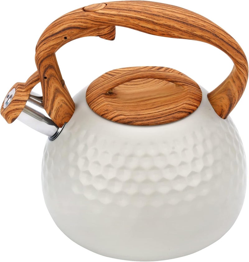 Jumix Tea Kettle 3 Liter Teapot Whistling Kettle with Wood Pattern Handle Loud Whistle Food Grade Stainless Steel Tea Pot for Stovetops Induction Diamond Design Water Kettle Milk White - Image 1