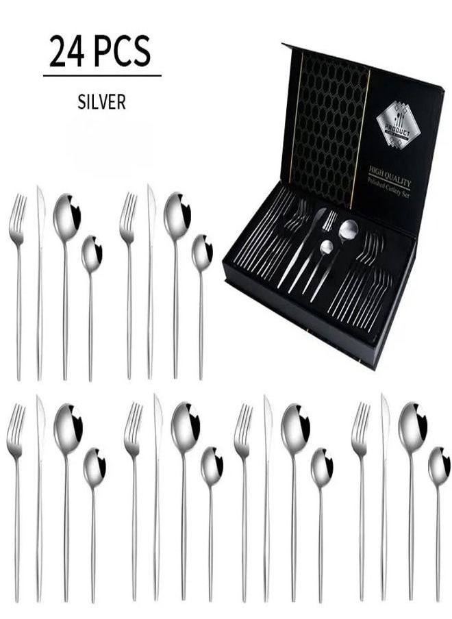Arabest - Cutlery Set, 24 Pieces Silver Set, Stainless Steel Cutlery, Western Set Including Knife/fork/spoon, Suitable for Family Travel - Image 1