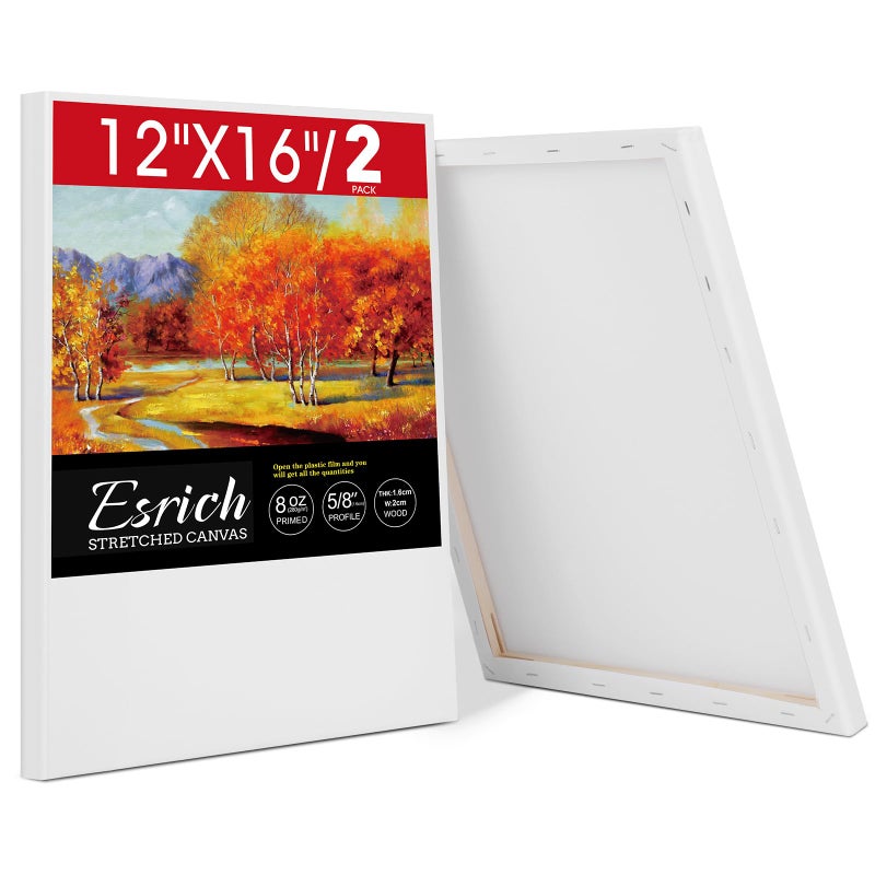 ESRICH Stretched Canvas for Painting 12x16 Inch, 2 Pack Blank Canvas -5/8 in Profile Primed Cotton White Canvases for Painting for Oil & Acrylic Paint - Image 1