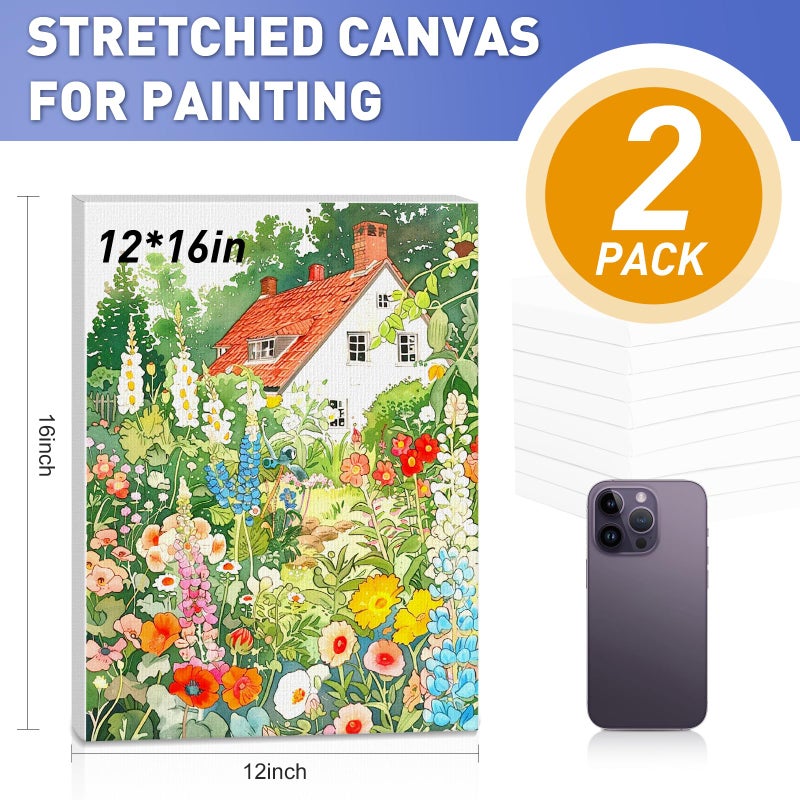ESRICH Stretched Canvas for Painting 12x16 Inch, 2 Pack Blank Canvas -5/8 in Profile Primed Cotton White Canvases for Painting for Oil & Acrylic Paint - Image 2