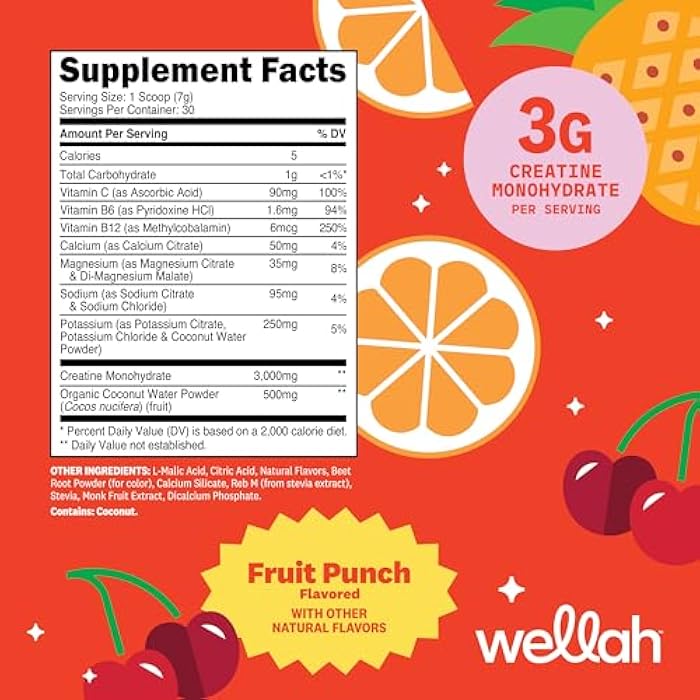 Wellah مسحوق كرياتين واه + ترطيب (نكهة فواكه) 30 حصة - مزيج مشروب إلكتروليت مع 3 جرام من كرياتين مونوهيدرات - Image 2