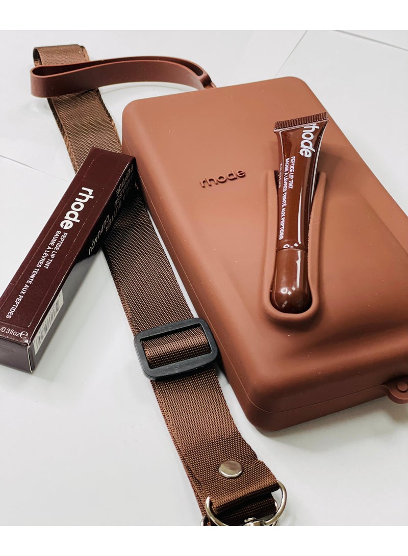 Rhode Pouch Bag with Adjustable Strap and Lip Gloss – Stylish, Compact, and Perfect for On-the-Go Beauty and Everyday Essential brown - Image 3