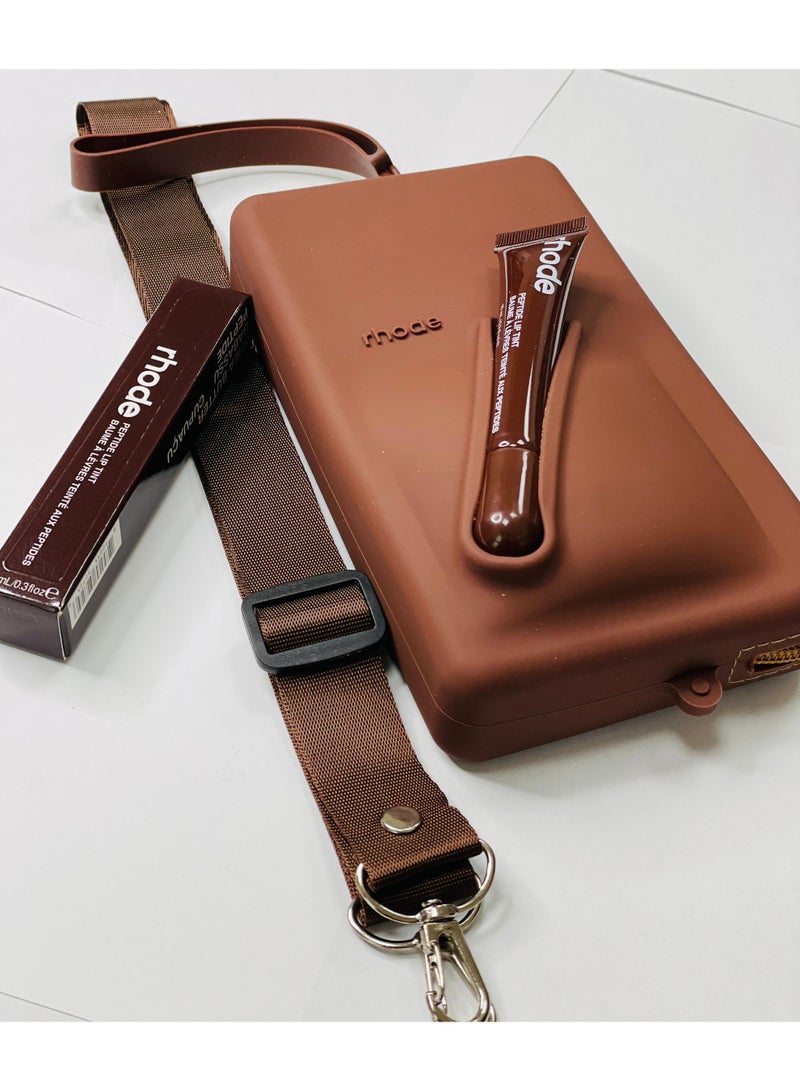 Rhode Pouch Bag with Adjustable Strap and Lip Gloss – Stylish, Compact, and Perfect for On-the-Go Beauty and Everyday Essential brown - Image 4