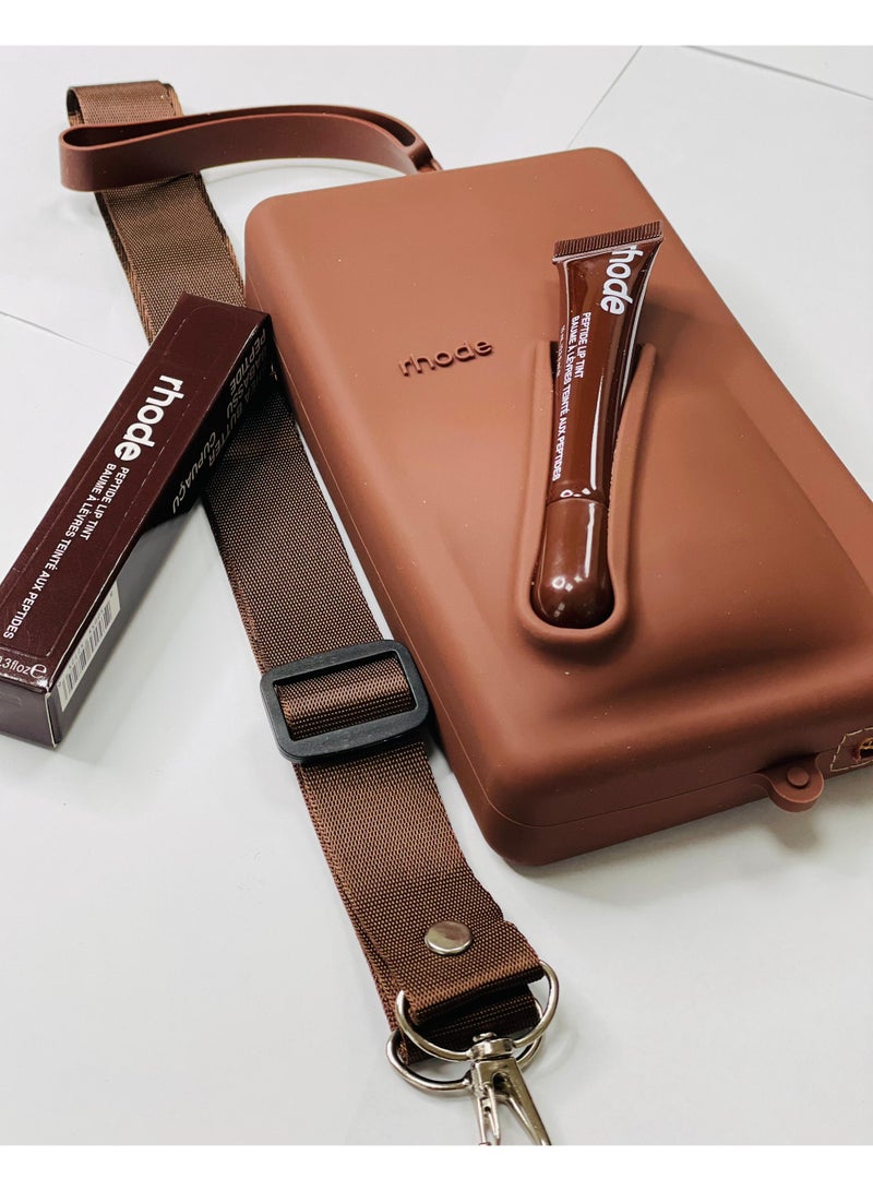Rhode Pouch Bag with Adjustable Strap and Lip Gloss – Stylish, Compact, and Perfect for On-the-Go Beauty and Everyday Essential brown - Image 5