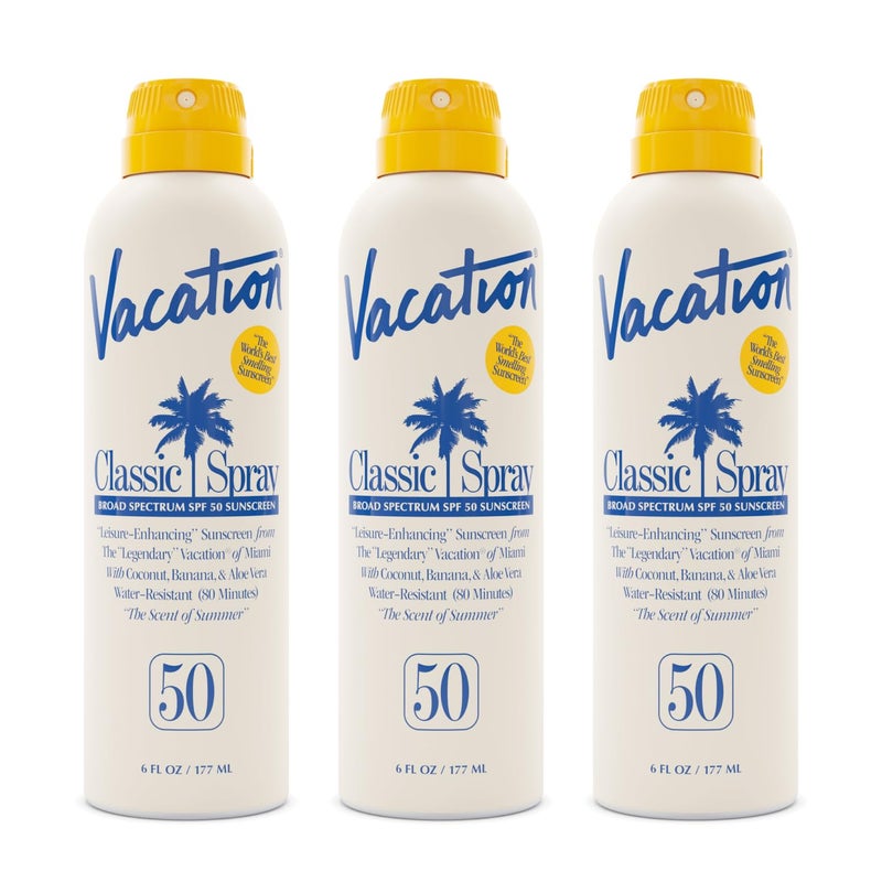 Vacation Classic Sunscreen Spray SPF 50 WaterResistant Lightweight Transparent on All Skin Tones DermatologistTested Vegan 6 Fl Oz Value Pack of 3