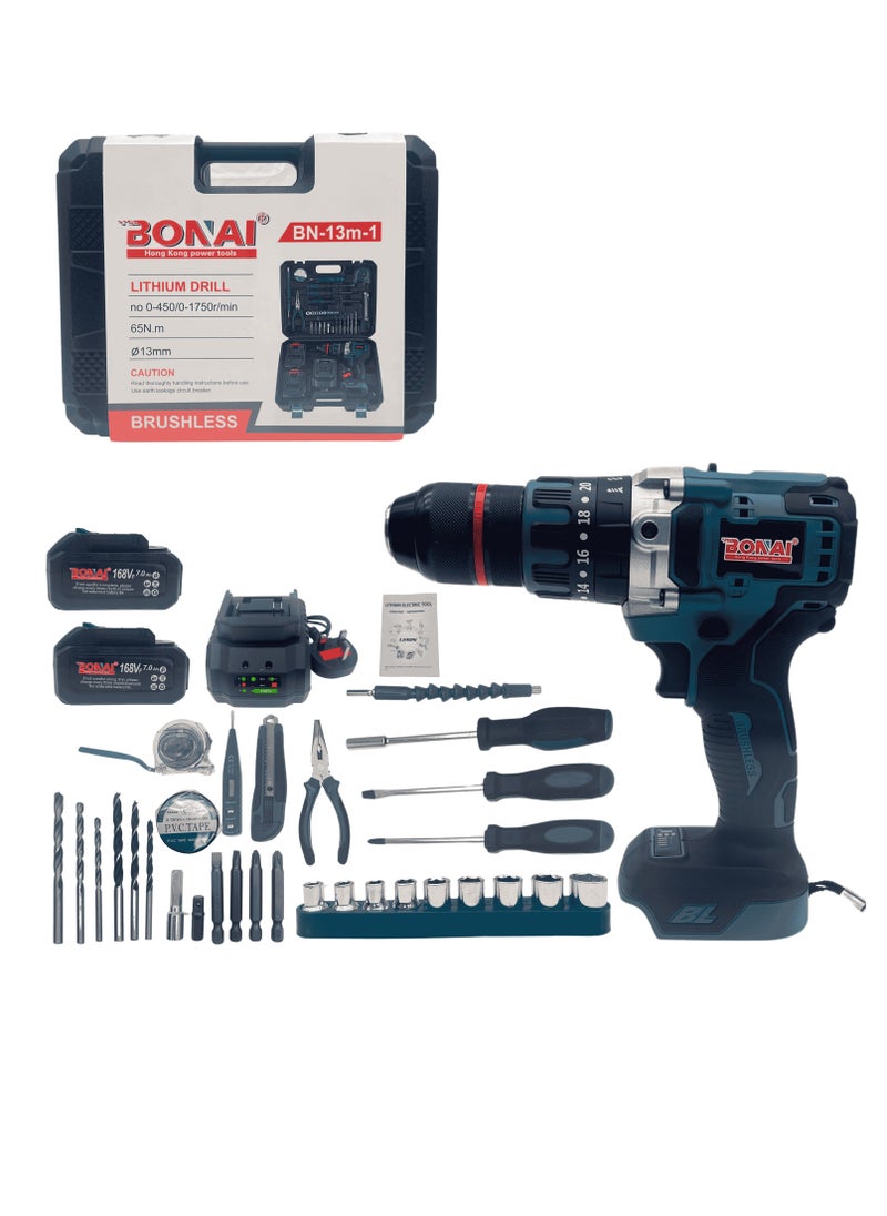 168VF Lithium Electric Drill 13mm- Powerful 65Nm, with Attachments, LED Light, Variable Speed
