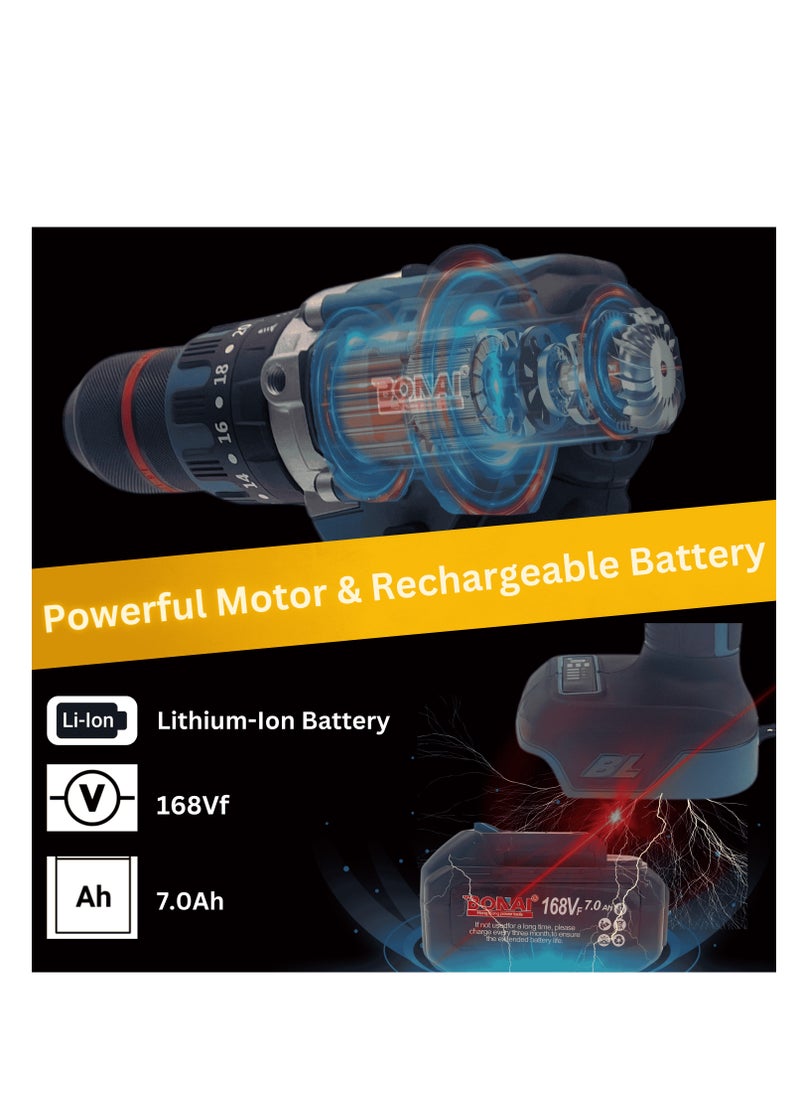 168VF Lithium Electric Drill 13mm- Powerful 65Nm, with Attachments, LED Light, Variable Speed
