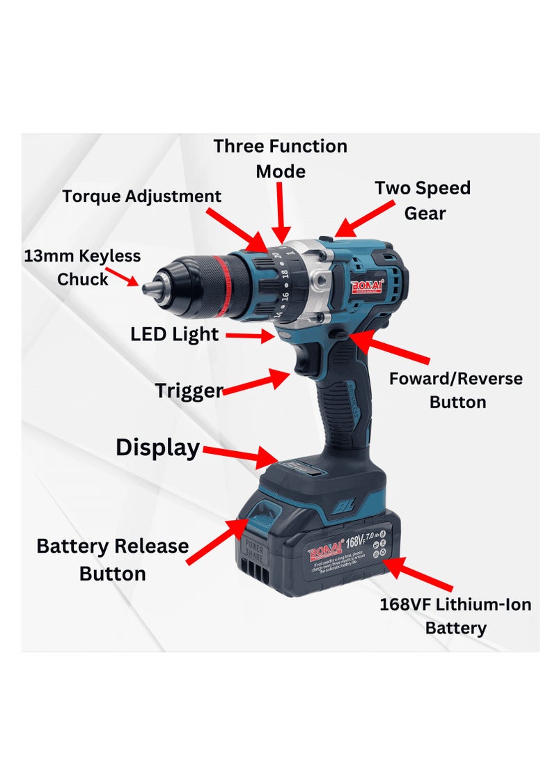 168VF Lithium Electric Drill 13mm- Powerful 65Nm, with Attachments, LED Light, Variable Speed