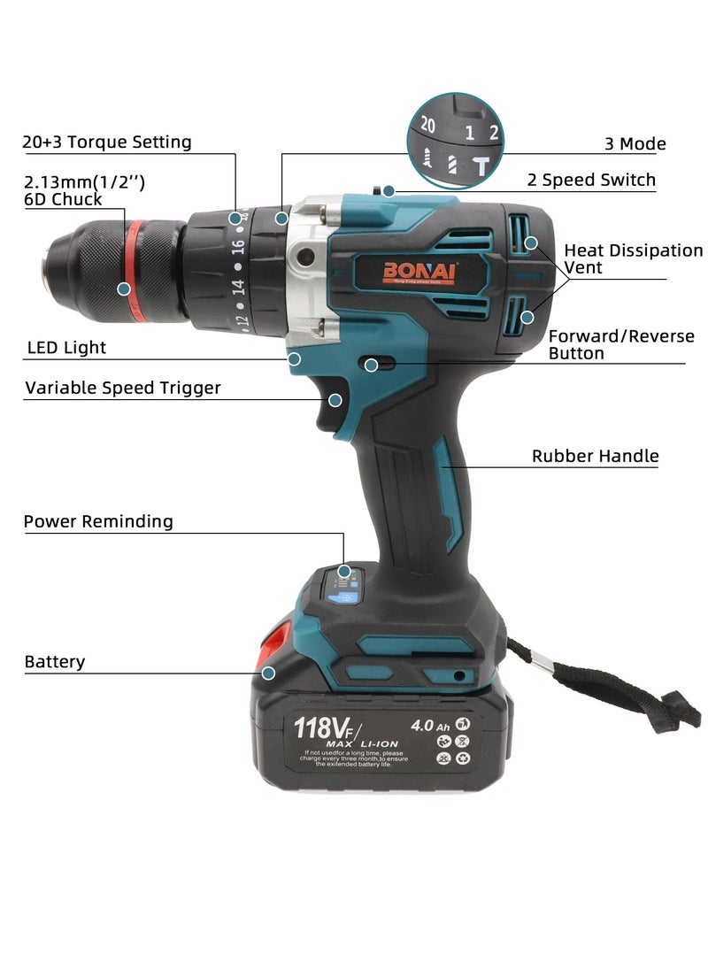 BONAI - Bonai 118VF Lithium Electric Drill - Powerful 80-150Nm, 1/2" Chuck, 25 Attachments, LED Light, Variable Speed - Image 1