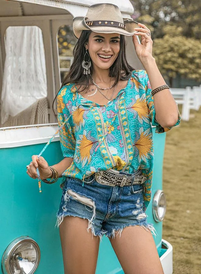 تايك تو Women's Floral Printed Tie-Up Neck 3/4 Sleeve Top