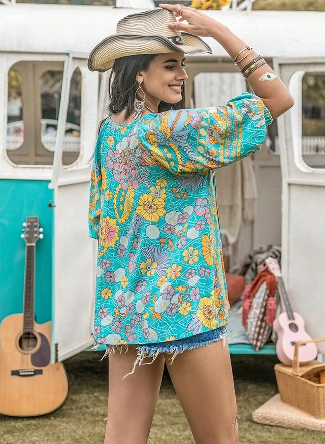 تايك تو Women's Floral Printed Tie-Up Neck 3/4 Sleeve Top