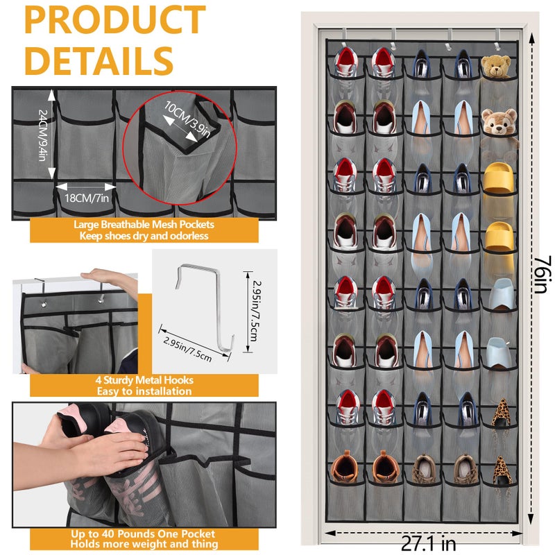 BiCINE Over the Door Shoe Organizer, 40 Large Mesh Pockets Hanging Shoe Rack Organizer for Closet Behind The Door Storage Holder for Entryway Bedroom Dorm Gray - Image 2