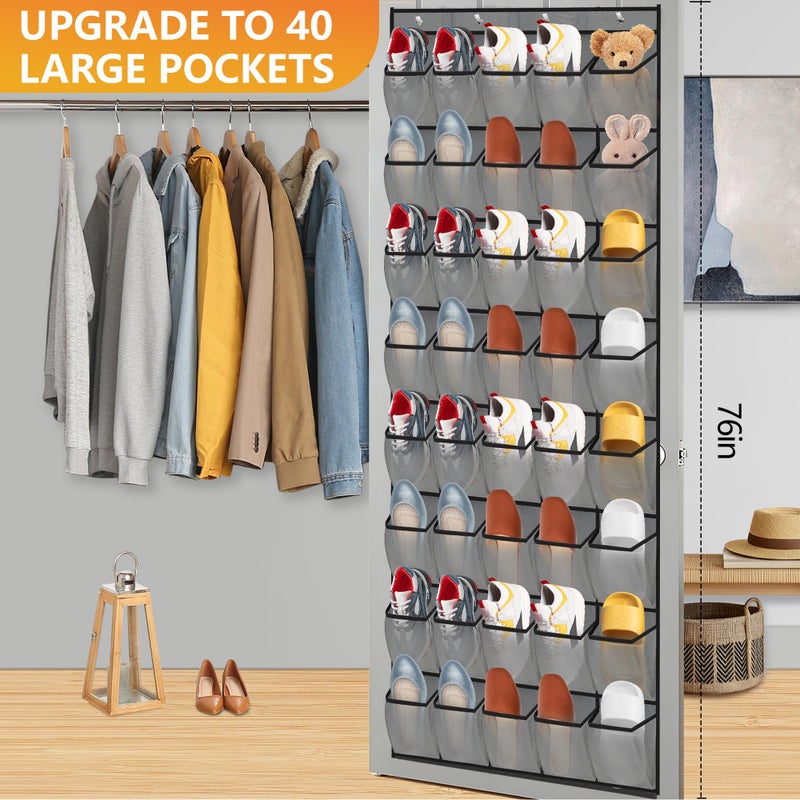 BiCINE Over the Door Shoe Organizer, 40 Large Mesh Pockets Hanging Shoe Rack Organizer for Closet Behind The Door Storage Holder for Entryway Bedroom Dorm Gray - Image 4