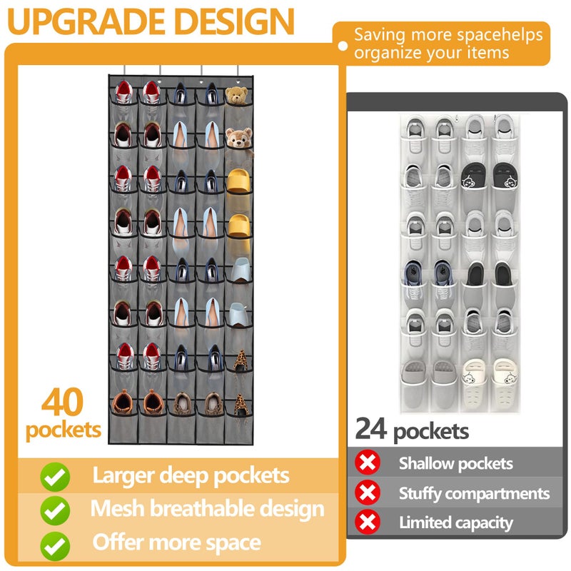 BiCINE Over the Door Shoe Organizer, 40 Large Mesh Pockets Hanging Shoe Rack Organizer for Closet Behind The Door Storage Holder for Entryway Bedroom Dorm Gray - Image 3