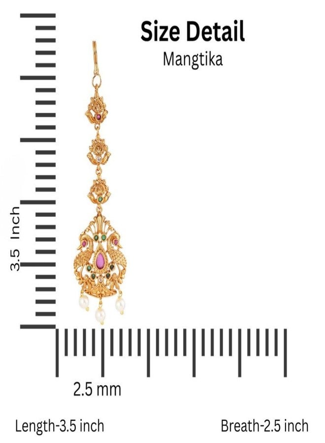 ZEELLO Traditional Gold Tone Maang Tikka with Peacock Design, Ruby, Emerald, Pearl Drops - Image 5