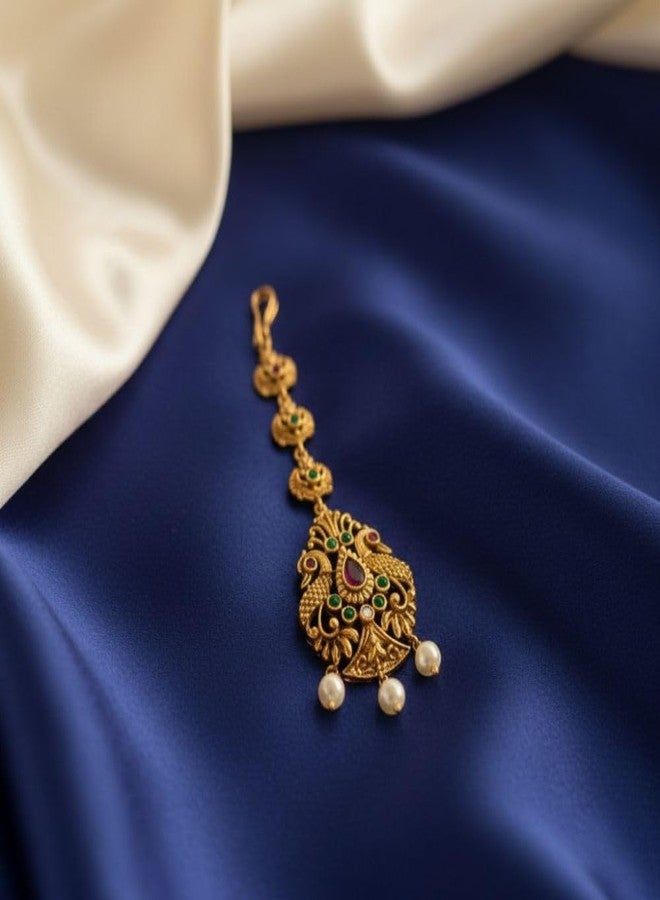 ZEELLO Traditional Gold Tone Maang Tikka with Peacock Design, Ruby, Emerald, Pearl Drops - Image 4