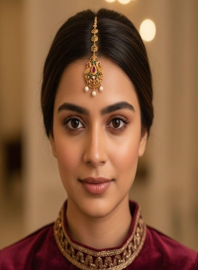 ZEELLO Traditional Gold Tone Maang Tikka with Peacock Design, Ruby, Emerald, Pearl Drops - Image 3