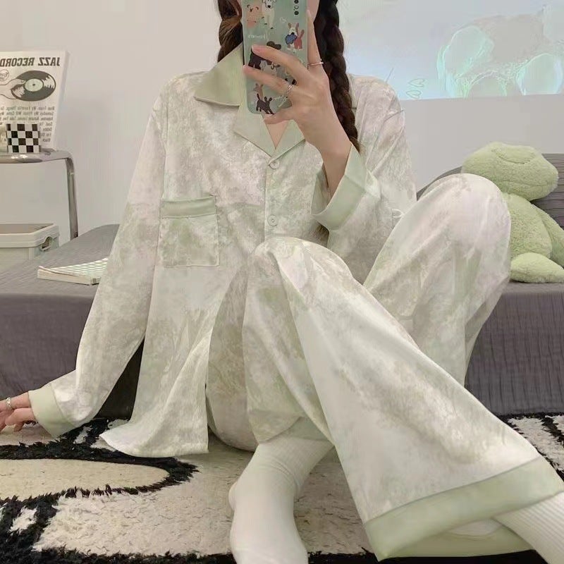 Artificial silk pajamas womens spring and autumn thin long-sleeved two-piece Korean style high-grade ink painting plus size home wear31104 pairs of long ink painting-Green 31104 pairs of long ink painting-Green 