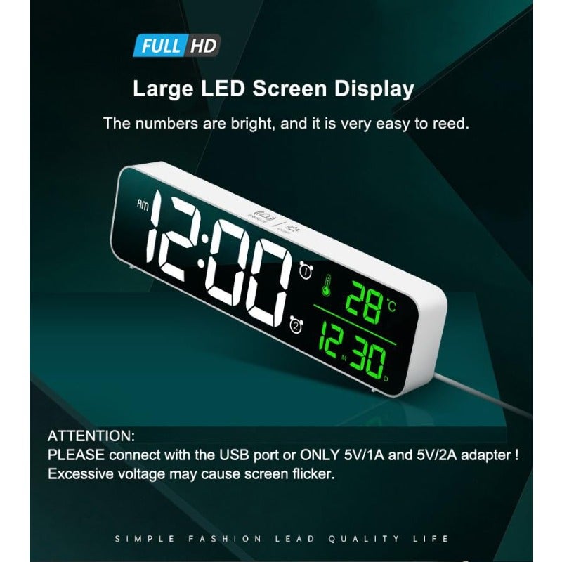 ساعة رقمية ساعة رقمية كبيرة شاشة عرض ساعة منبه رقمية للصالون ساعات منبه كهربائية LED لغرف النوم عرض التاريخ ودرجة الحرارة ساعة حائط رقمية تلقائية السطوع مع منظم إضاءة أبيض - Image 2