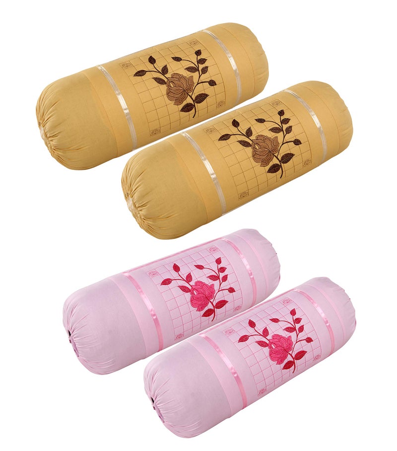 Rj Products Embroided Cotton Bolster Covers Set of 4 Piece Gajri and Beige Colour - Image 2
