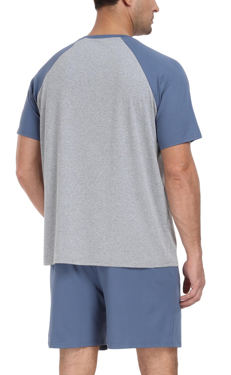 PrinStory Men's Pajama Set Sleepwear Pjs Lightweight Short Sleeve Crewneck Shirts and Shorts Soft Comfy Sleep Sets Gray Blue US L - Image 3