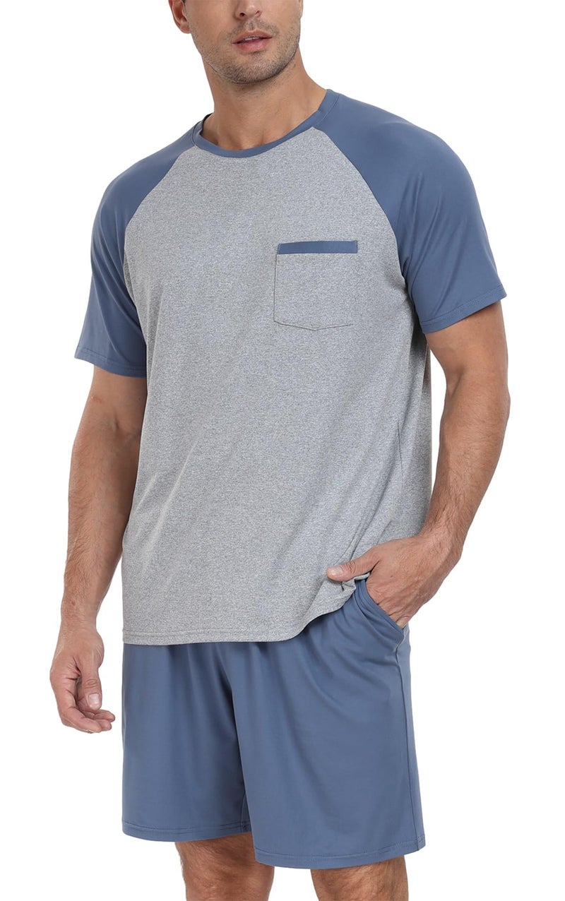 PrinStory Men's Pajama Set Sleepwear Pjs Lightweight Short Sleeve Crewneck Shirts and Shorts Soft Comfy Sleep Sets Gray Blue US L - Image 1