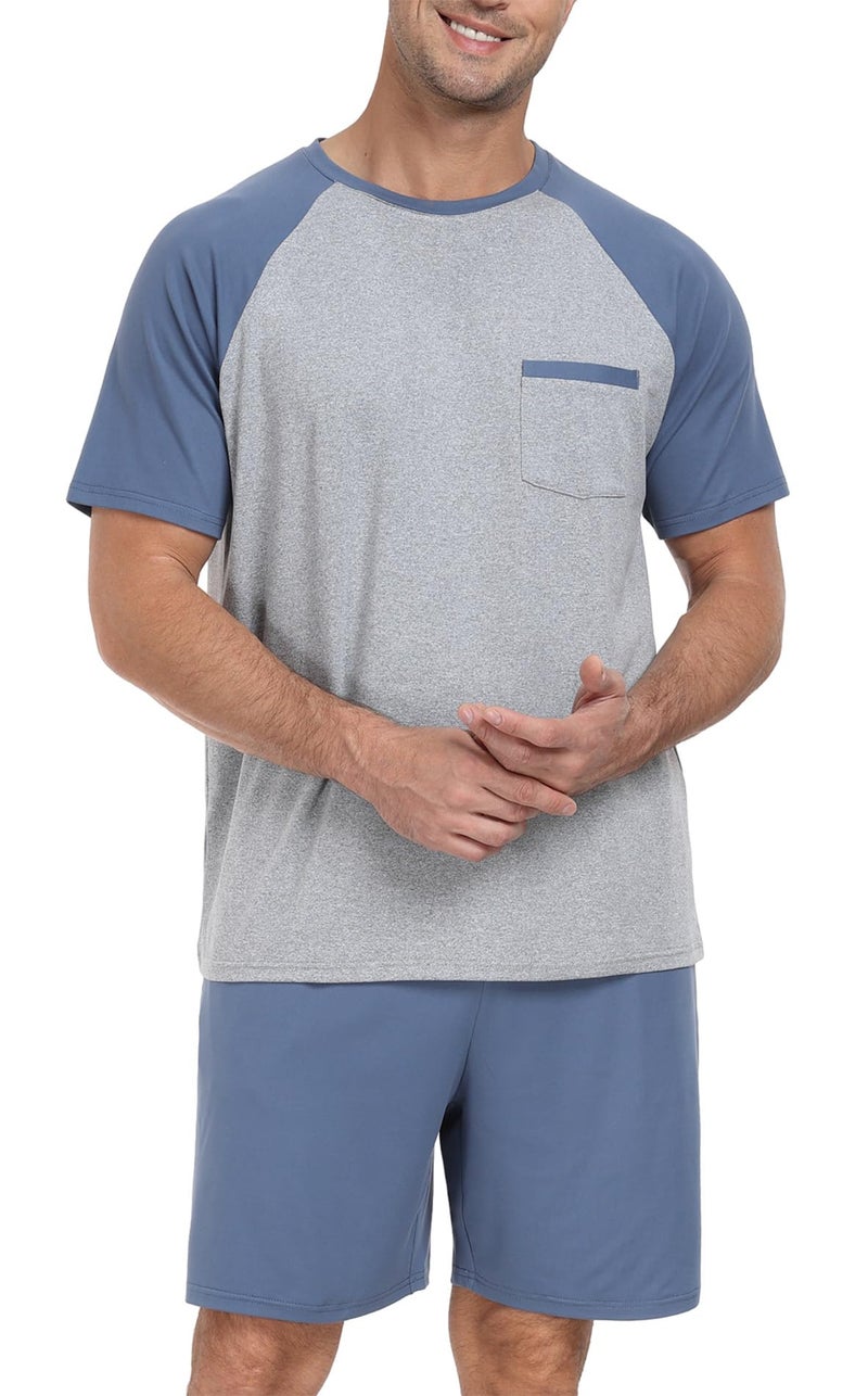 PrinStory Men's Pajama Set Sleepwear Pjs Lightweight Short Sleeve Crewneck Shirts and Shorts Soft Comfy Sleep Sets Gray Blue US L - Image 2