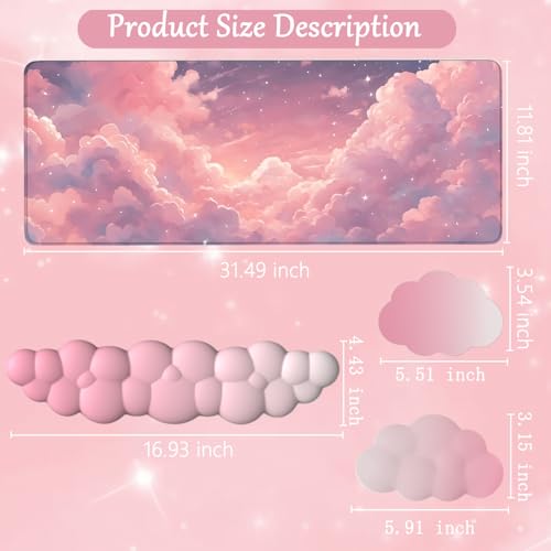 WFCYGL Pink Cloud Large Mouse Pad for Desk Cloud Keyboard Wrist Rest 4PCS Extended Cloud Desk Mat Pad Set Memory Foam Non-Slip Ergonomic Cute Gaming Mouse Pad Wrist Support for Computer Laptop Home Office - Image 3