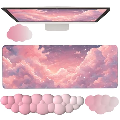 WFCYGL Pink Cloud Large Mouse Pad for Desk Cloud Keyboard Wrist Rest 4PCS Extended Cloud Desk Mat Pad Set Memory Foam Non-Slip Ergonomic Cute Gaming Mouse Pad Wrist Support for Computer Laptop Home Office - Image 1