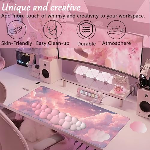 WFCYGL Pink Cloud Large Mouse Pad for Desk Cloud Keyboard Wrist Rest 4PCS Extended Cloud Desk Mat Pad Set Memory Foam Non-Slip Ergonomic Cute Gaming Mouse Pad Wrist Support for Computer Laptop Home Office - Image 2