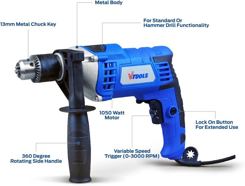 VTOOLS High Quality 1050 Watt Impact Drill With Multi-Function (Hammer And Drill), Metal Body, 360°Rotating Side Handle, Guide Ruler, And Variable Speed, Blue, Vt1207 - Image 2