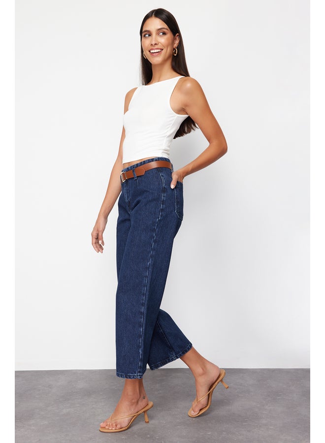trendyol Dark Blue Belted High Waist Culotte Jeans TWOSS24JE00303  - Image 2