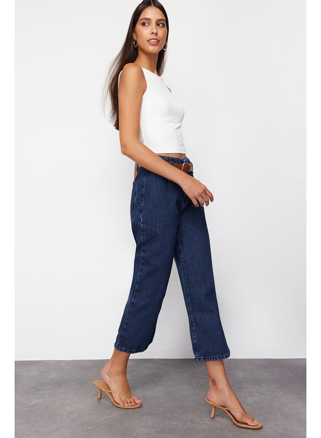 trendyol Dark Blue Belted High Waist Culotte Jeans TWOSS24JE00303  - Image 3