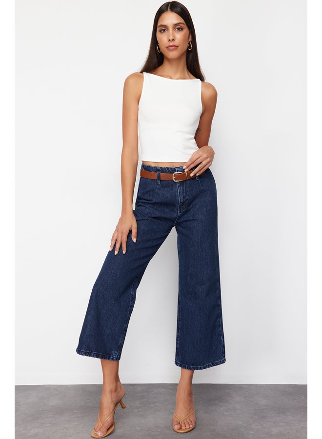 trendyol Dark Blue Belted High Waist Culotte Jeans TWOSS24JE00303  - Image 1