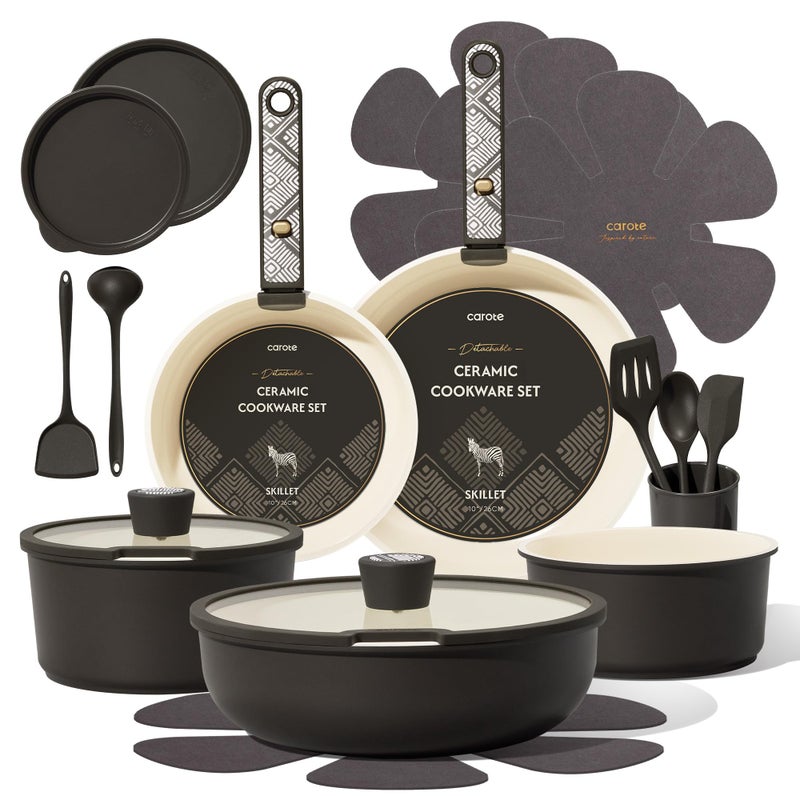 CAROTE 21-Piece Ceramic Cookware Set, Nonstick Pots and Pans Set with Detachable Handle, Non-Toxic Kitchen Cooking Set, Induction Compatible, Dishwasher & Oven Safe, Charcoal - Image 1