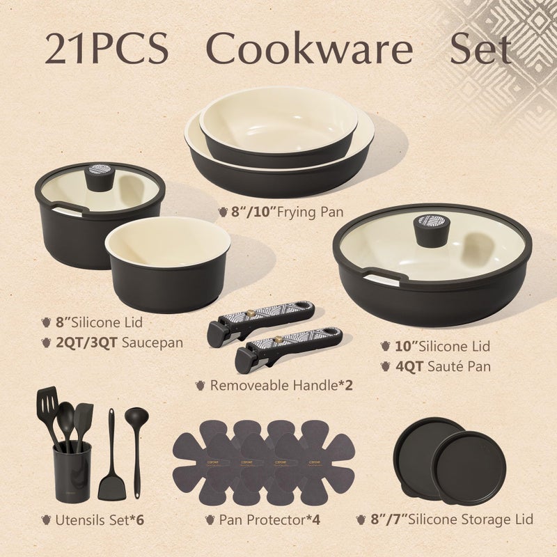 CAROTE 21-Piece Ceramic Cookware Set, Nonstick Pots and Pans Set with Detachable Handle, Non-Toxic Kitchen Cooking Set, Induction Compatible, Dishwasher & Oven Safe, Charcoal - Image 2
