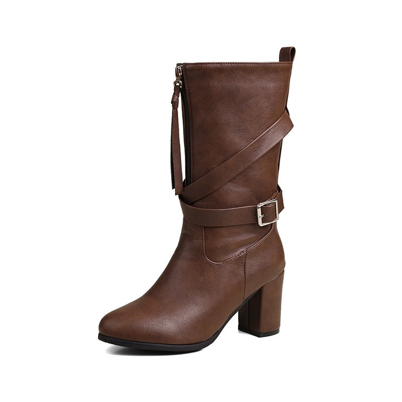 2024 Wish Foreign Single Fashion High-Heeled Tassel Boots 33-52 Oversized Small Size Rivet Middle Boots Women - Image 1