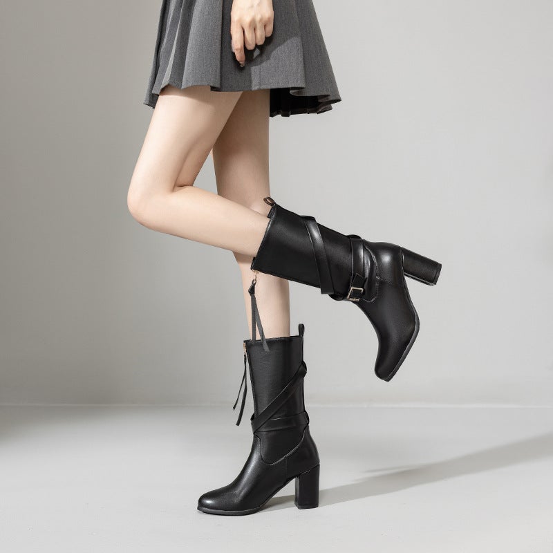 2024 Wish Foreign Single Fashion High-Heeled Tassel Boots 33-52 Oversized Small Size Rivet Middle Boots Women - Image 3