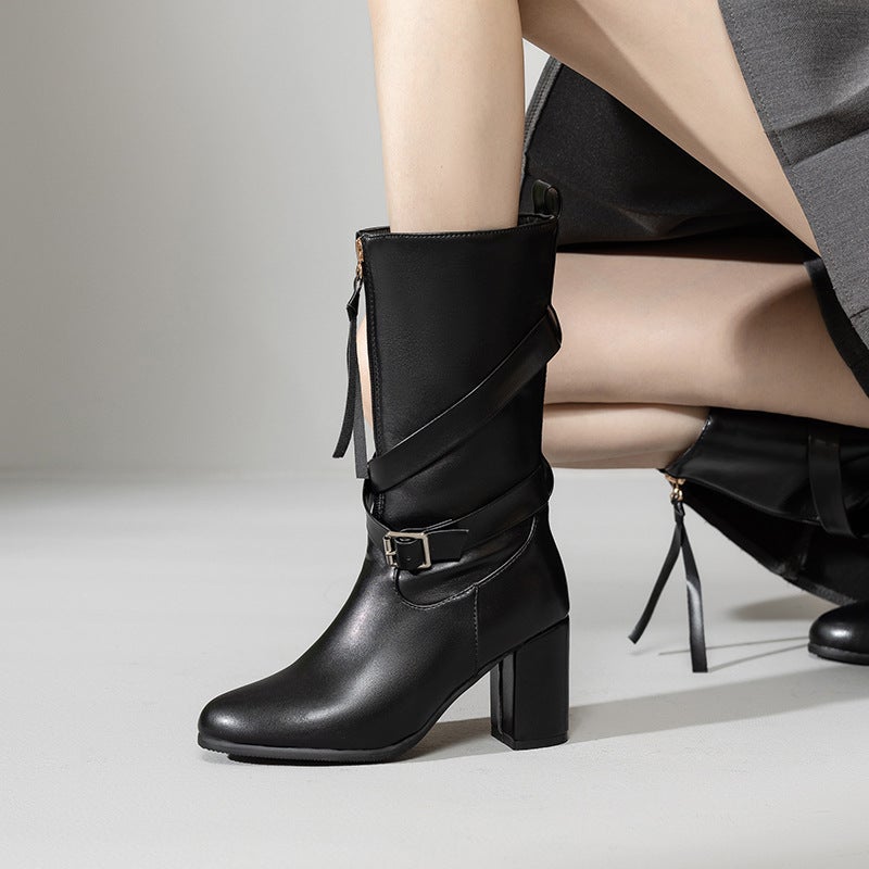 2024 Wish Foreign Single Fashion High-Heeled Tassel Boots 33-52 Oversized Small Size Rivet Middle Boots Women - Image 2