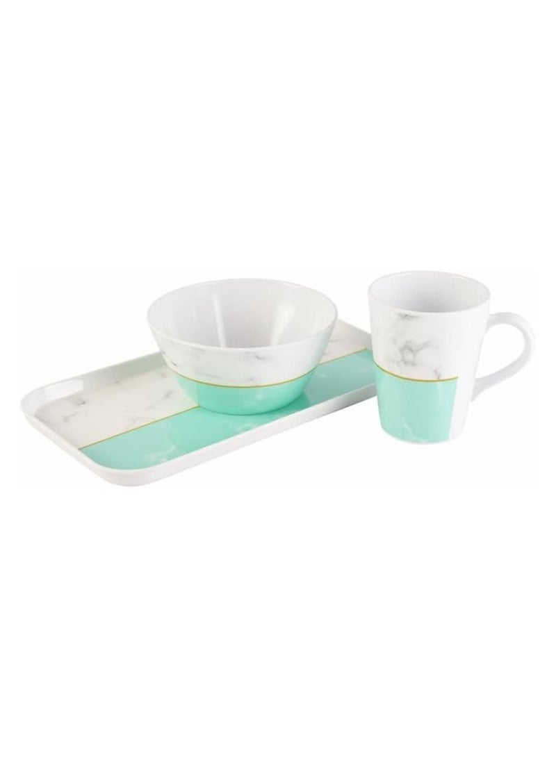Breakfast And Snack 3 Pcs Set For Multipurpose Combo Of Bowl And Cup with Tray Bowl 14.5 X 7 Tray X 23.5Cm Mug X 400ml Melamine Green And White - Image 1