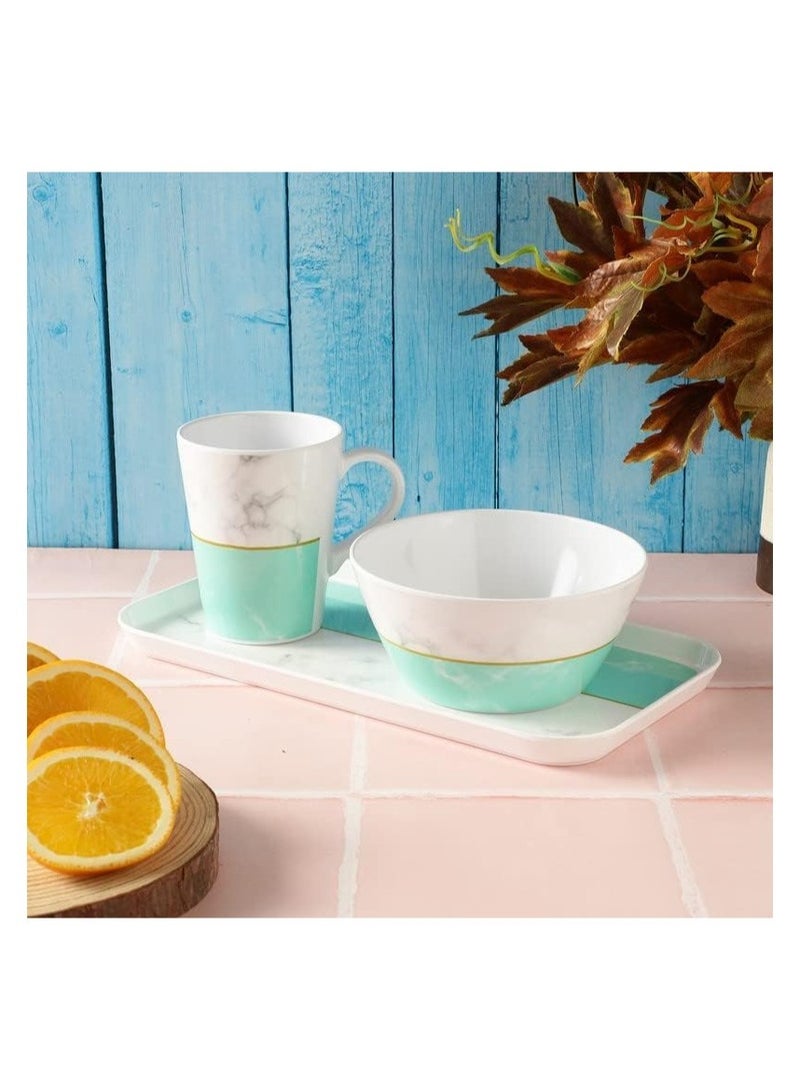 Breakfast And Snack 3 Pcs Set For Multipurpose Combo Of Bowl And Cup with Tray Bowl 14.5 X 7 Tray X 23.5Cm Mug X 400ml Melamine Green And White - Image 2