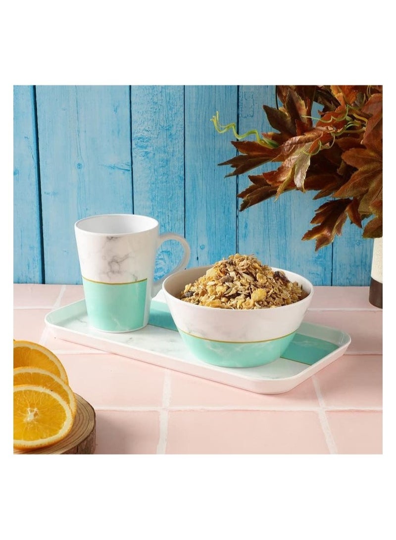 Breakfast And Snack 3 Pcs Set For Multipurpose Combo Of Bowl And Cup with Tray Bowl 14.5 X 7 Tray X 23.5Cm Mug X 400ml Melamine Green And White - Image 3