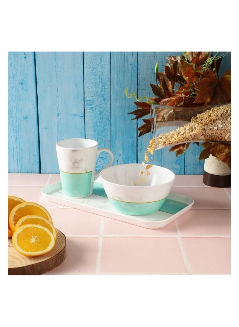 Breakfast And Snack 3 Pcs Set For Multipurpose Combo Of Bowl And Cup with Tray Bowl 14.5 X 7 Tray X 23.5Cm Mug X 400ml Melamine Green And White - Image 4