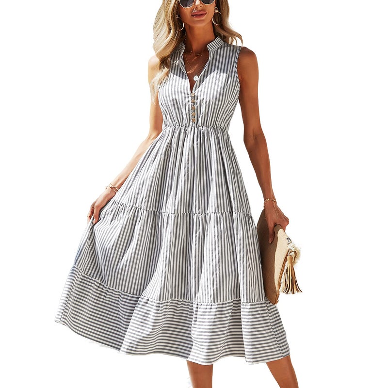 BROVAVE Womens 2025 Summer Sleeveless Shirt Dress Collar Striped V Neck Casual Midi Dresses(Gray, L) - Image 1