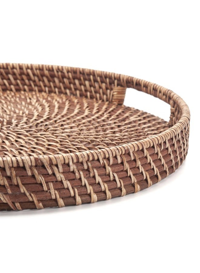 DECRAFTS Round Rattan Woven Serving Tray with Handles Ottoman Tray for Breakfast, Drinks, Snacks for Coffee Table, Home Decorative (Honey Brown, 13.8"x2") - Image 3